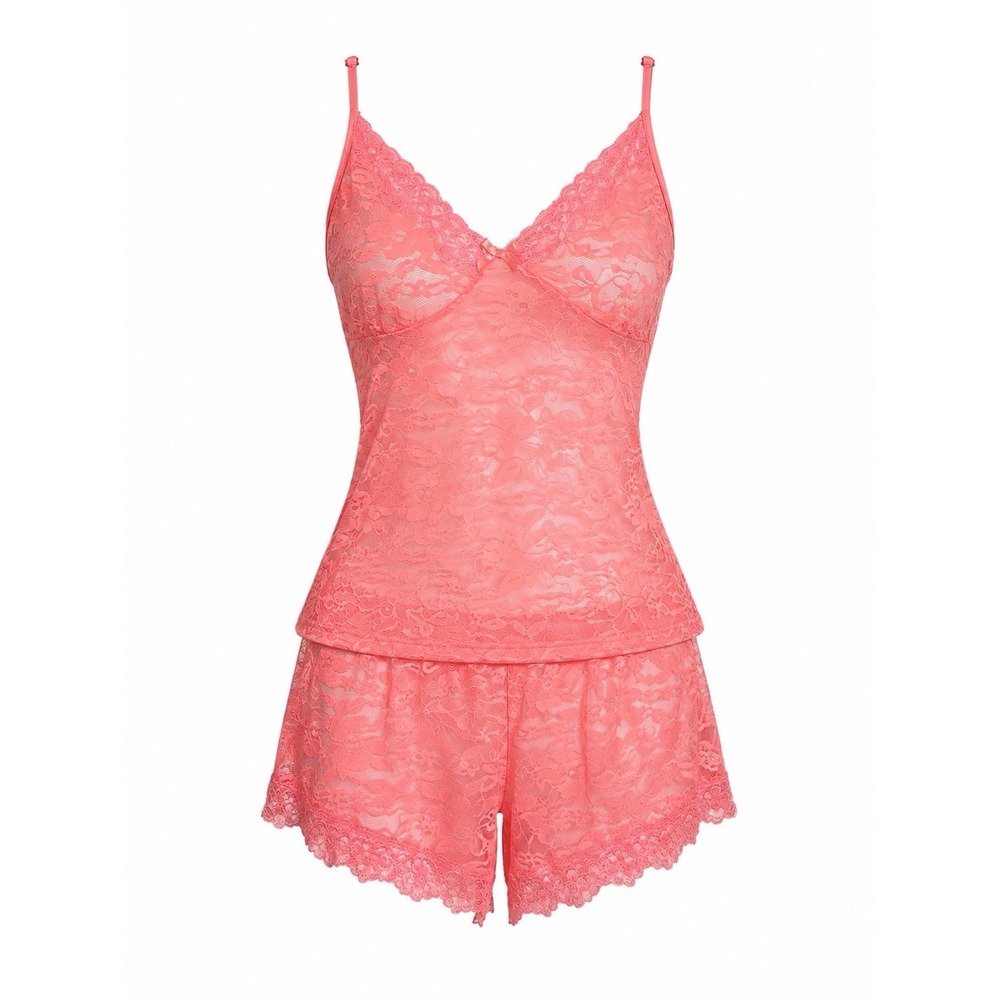 NWT In Bloom By Jonquil Coral 2 Piece Lace Pajama Set Lounge Sz L Lingerie